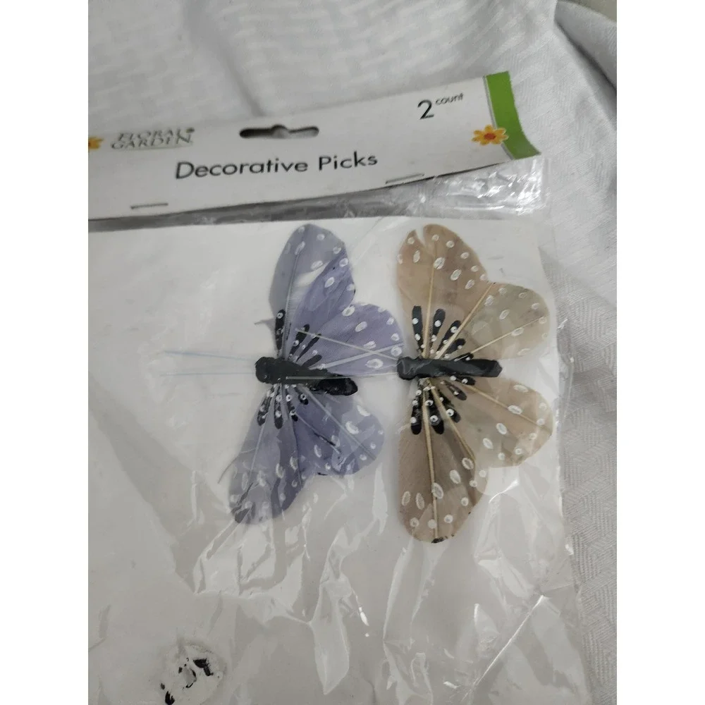 Floral Garden Butterfly Decorative Picks 2 Count Feather Wings Lavender Tan
